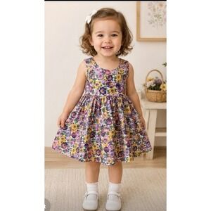 Vintage Bobbie Jean Creations Girls Dress Size 2 Floral Pansy USA Made Cotton